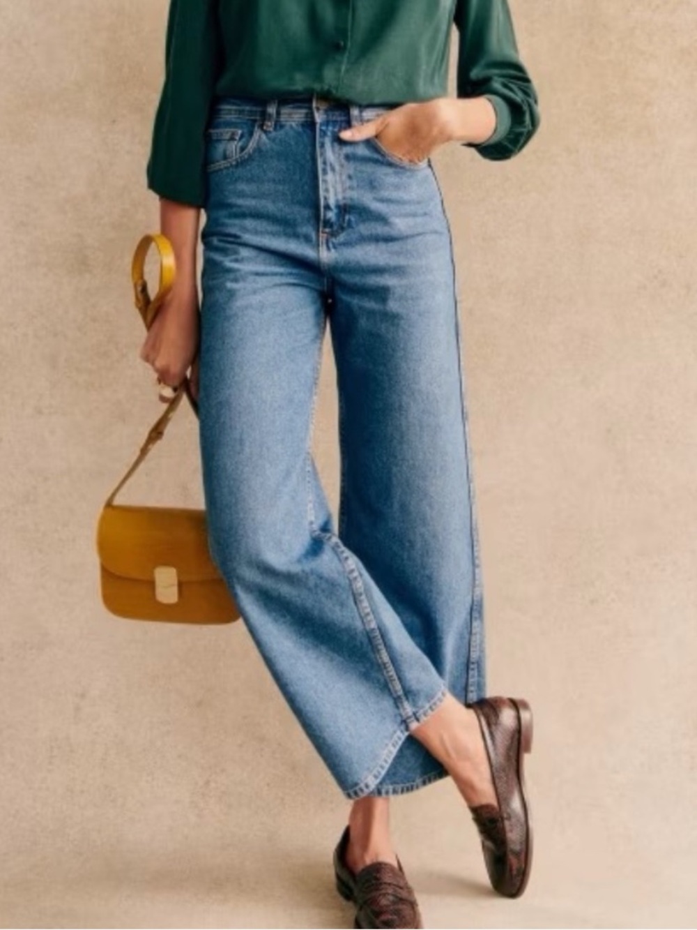 Sezane Le Crop High Rise Wide Leg Denim Jeans in Medium Wash Sz 32